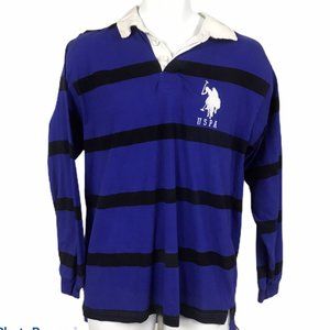 U.S. Polo Assn Blue Black Stripe Long Sleeve Men's Polo Shirt with Large Pony